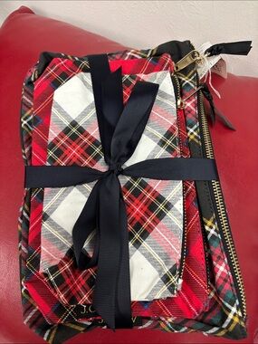 J. Crew Red and White Plaid Cosmetic Pouch with Black Bow - bundle of three